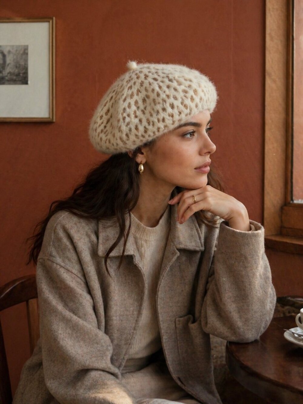 Anthropologie Faux Fur Beret Hat Leopard Print Cream Brown Soft Cozy Winter Cap